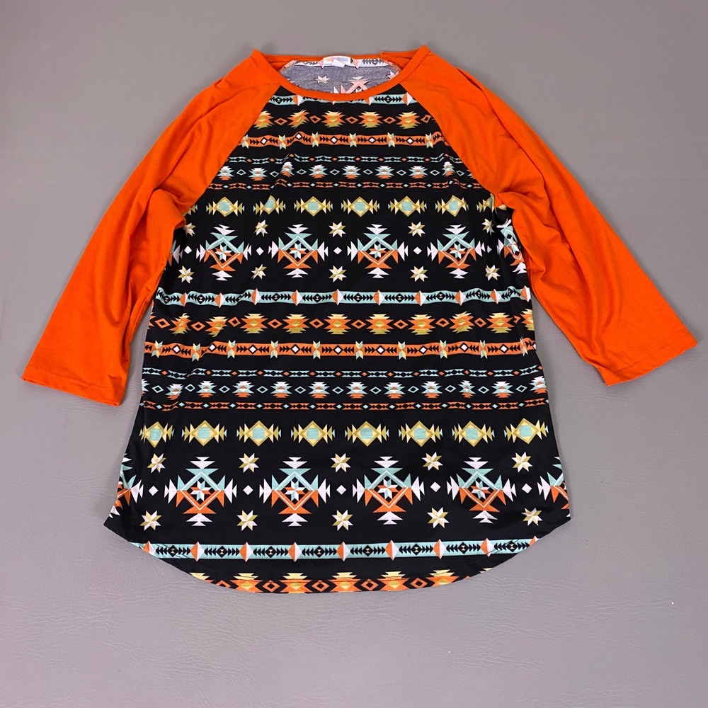 LuLaRoe Shirt Randy Raglan Tee Women's Size 2XL Black‎ Orange Aztec Southwestern